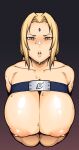  1girl blonde_hair breasts collarbone commentary_request dyun full_body gradient gradient_background headband highres huge_breasts kneeling lips long_hair naruto_(series) nipples parted_lips simple_background solo sweat thighhighs tsunade_(naruto) yellow_eyes 