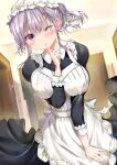  1girl absurdres apron bangs blush braid breasts finger_to_mouth frilled_apron frilled_hat frills hat highres indoors large_breasts light_purple_hair long_sleeves maid maid_apron ogata_tei one_eye_closed original purple_eyes solo 