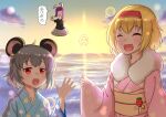 3girls :3 alice_margatroid alternate_costume animal_ears bangs black_shirt blonde_hair blue_kimono blush closed_eyes cloud commentary_request cookie_(touhou) eyebrows_visible_through_hair fake_hisui_(cookie) food fruit go_(inmu) grey_hair hairband highres ichigo_(cookie) japanese_clothes kimono lens_flare long_sleeves manatsu_no_yo_no_inmu mouse_ears mouse_girl multiple_girls nazrin new_year nyon_(cookie) open_mouth outdoors pink_kimono purple_hair rabbit_ears red_eyes red_hairband reisen_udongein_inaba sash shirt short_hair smile strawberry sunrise touhou translation_request tsugumi_amon ufo upper_body v wide_sleeves yellow_sash 