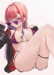  1girl bangs bare_legs bikini black_jacket breasts earrings feet_out_of_frame halterneck heart heart-shaped_eyewear heart_earrings heterochromia highres hololive houshou_marine jacket jewelry large_breasts long_hair looking_at_viewer open_clothes open_jacket purple_hair red_bikini red_eyes red_hair rikkusu shorts sitting solo swimsuit thigh_strap virtual_youtuber white_shorts yellow_eyes 