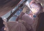  1girl bespectacled blue_bow book bow breasts crescent dress dutch_angle from_below glasses hair_bow hat holding holding_book indoors long_hair long_sleeves looking_at_viewer mob_cap night patchouli_knowledge purple_eyes purple_hair ribbon sinzan solo striped touhou 