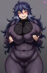  1girl @_@ absurdres ahoge alternate_breast_size artist_name big_hair black_dress black_sweater blush breasts cowboy_shot curly_hair curvy dress dripping eyelashes fat_mons flipped_hair frilled_sleeves frills from_below gigantamax grabbing_own_thigh hair_between_eyes hair_over_one_eye hairband halftone halftone_texture hatching_(texture) hex_maniac_(pokemon) highres huge_breasts jmg layered_dress long_dress long_hair looking_at_another looking_away looking_down looking_to_the_side messy_hair mixed-language_commentary no_pupils open_mouth plump pokemon pokemon_(creature) pokemon_(game) pokemon_xy purple_eyes purple_hairband ribbed_sweater shiny shiny_hair sidelocks spider_web_print sweat sweater sweater_dress taut_clothes taut_dress tight tongue very_long_hair wavy_mouth 