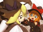  2girls bangs black_capelet black_eyes black_gloves black_vest blonde_hair blue_eyes blush blush_stickers bow bowtie bright_pupils buttons capelet checkerboard_cookie commentary_request cookie cookie_(touhou) cowboy_shot elbow_gloves eyebrows_visible_through_hair feeding food gloves hair_between_eyes hat hat_bow holding holding_food kirisame_marisa koiso_usu looking_at_another meguru_(cookie) multiple_girls open_mouth orange_hair purple_bow red_bow red_bowtie short_hair sleeves_past_fingers sleeves_past_wrists smile touhou vest white_pupils witch_hat yuuhi_(cookie) 