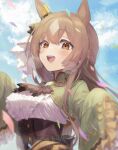  1girl animal_ears bangs blurry breasts brown_hair cloud confetti corset day depth_of_field highres horse_ears large_breasts lens_flare long_hair multicolored_hair nu_tarou_(tr84635391) open_mouth outdoors satono_diamond_(umamusume) shirt shrug_(clothing) sleeves_past_wrists smile solo sweat teeth tongue tongue_out two-tone_hair umamusume upper_body upper_teeth white_shirt yellow_eyes 