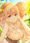  1girl bangs blonde_hair blue_sky closed_mouth dress flower green_eyes hat highres kasumillust long_hair looking_at_viewer outdoors rapunzel_(sinoalice) sinoalice sky sleeveless sleeveless_dress smile solo straw_hat sundress sunflower yellow_dress 