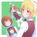  3girls :q artist_name balancing bangs bartender black_bow black_bowtie black_legwear blonde_hair blunt_bangs bob_cut bow bowtie brown_vest cherry_blossoms closed_mouth commentary cosplay cutlass_(girls_und_panzer) cutlass_(girls_und_panzer)_(cosplay) dress_shirt eyebrows_visible_through_hair facing_viewer food freckles from_behind girls_und_panzer green_background handkerchief highres holding holding_tray ice_cream ice_cream_float itsumip kadotani_anzu leaning_forward leg_up long_hair long_sleeves looking_at_viewer looking_back looking_to_the_side maid_headdress miniskirt multiple_girls ooarai_naval_school_uniform open_mouth outline parted_bangs parted_lips pleated_skirt polka_dot polka_dot_background school_uniform shirt shoes short_hair signature single_horizontal_stripe skirt smile socks standing standing_on_one_leg tongue tongue_out tray tsuchiya_(girls_und_panzer) twintails vest white_footwear white_outline white_shirt white_skirt wing_collar 