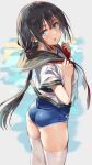  1girl absurdres ass bangs black_hair black_sailor_collar blue_swimsuit blush commentary_request eyebrows_visible_through_hair from_side green_eyes highres japanese_flag_print long_hair looking_at_viewer looking_to_the_side low_ponytail michairu neckerchief no_pants one-piece_swimsuit open_mouth paid_reward_available red_neckerchief sailor_collar school_swimsuit school_uniform serafuku shirt short_sleeves solo standing swimsuit swimsuit_under_clothes thighhighs tougou_mimori very_long_hair white_legwear white_shirt yuuki_yuuna_wa_yuusha_de_aru yuusha_de_aru 