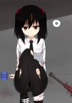  1girl bandaged_leg bandages bangs baseball_bat black_footwear black_hair black_legwear black_necktie black_skirt blood brown_eyes brown_hair can closed_mouth collared_shirt feet_out_of_frame hair_between_eyes hair_bobbles hair_ornament highres knees_up long_sleeves looking_at_viewer multicolored_hair nanju_bami necktie original pantyhose shirt shoes skirt solo spiked_bat streaked_hair sweat torn_clothes torn_legwear twintails white_shirt 