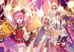  4girls altera_(fate) bangs bare_shoulders black_hair blonde_hair blue_eyes blush body_markings breasts dark-skinned_female dark_skin fate/grand_order fate_(series) hair_bun helena_blavatsky_(fate) jeanne_d&#039;arc_(fate) jeanne_d&#039;arc_(ruler)_(fate) large_breasts long_hair looking_at_viewer matsuryuu medium_breasts multiple_girls open_mouth parted_bangs purple_eyes purple_hair red_eyes short_hair side_bun side_ponytail sidelocks small_breasts smile thighs ushiwakamaru_(fate) veil very_long_hair white_hair 