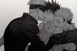  3boys bangs bite_mark biting blindfold blush closed_eyes commentary_request facial_mark fushiguro_megumi fushirun_rung gojou_satoru grabbing group_sex highres hood hoodie implied_anal implied_sex itadori_yuuji jacket jujutsu_kaisen long_sleeves male_focus mmm_threesome monochrome multiple_boys neck_biting parted_lips partially_undressed short_hair spiked_hair spread_legs threesome undercut yaoi 