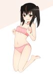  1girl absurdres bangs bare_arms bare_legs bare_shoulders barefoot black_hair blush bra breasts brown_background brown_eyes brown_hair cleavage collarbone eyebrows_visible_through_hair full_body hair_between_eyes hands_up highres kneeling looking_at_viewer multicolored_hair nanju_bami navel open_mouth original panties pink_bra pink_panties small_breasts solo streaked_hair twintails two-tone_background underwear underwear_only wavy_mouth white_background 