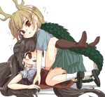  2girls ? ?? @_@ antlers black_hair black_wings blonde_hair blue_shirt blue_skirt blush boots brown_footwear commentary_request cowboy_boots cowboy_western dragon_girl dragon_horns dragon_tail eyebrows_visible_through_hair horns horse_girl horse_tail kicchou_yachie kurokoma_saki mary_janes multiple_girls open_mouth ponytail red_eyes shirt shoes short_hair simple_background skirt socks sweat tail touhou turtle_shell tutuntudenden white_background white_legwear wings 