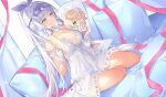  1girl absurdres bare_shoulders blue_eyes breasts cleavage collarbone dakimakura_(object) genshin_impact gloves hair_ornament highres kamisato_ayaka kikimi large_breasts long_hair lumine_(genshin_impact) one_eye_closed pillow ponytail sitting solo thighs white_gloves white_hair 