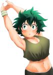  1girl absurdres arms_up blush boku_no_hero_academia breasts cleavage eye_contact facing_viewer genderswap genderswap_(mtf) green_eyes green_hair highres karamell large_breasts looking_at_another looking_at_viewer midoriya_izuku midriff navel open_mouth short_hair simple_background solo sweat white_background 