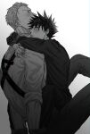  2boys arms_behind_back bangs bdsm black_hair blush bondage bound bound_arms bound_legs closed_eyes commentary_request fushiguro_megumi fushirun_rung highres jacket jujutsu_kaisen long_sleeves male_focus monochrome multiple_boys nanami_kento pants school_uniform shirt short_hair sitting sitting_on_lap sitting_on_person sleeves_pushed_up spiked_hair spread_legs straddling sweat veins yaoi 