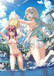  2girls :d aqua_eyes armpits arms_up ass ass_visible_through_thighs ball bare_arms bare_shoulders beachball bikini blue_eyes breasts cloud day from_behind grey_hair grin headphones headphones_around_neck highres kamisama_no_you_na_kimi_e kantoku leg_up long_hair looking_at_viewer looking_back medium_breasts multiple_girls open_mouth outdoors outstretched_arms red_bikini red_hair side-tie_bikini smile sonomura_hazuki standing standing_on_one_leg strap_gap string_bikini sunlight swimsuit thighs tsukuyomi_(kamikimi) very_long_hair wading white_bikini 