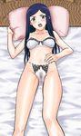  artist_request bed blush bra green_eyes highres kuga_natsuki lingerie long_hair lying my-hime pillow pubic_hair purple_hair pussy see-through solo underwear 