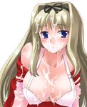  blonde_hair blush bra breasts covered_nipples cum cum_on_body cum_on_breasts cum_on_upper_body eyebrows_visible_through_hair halter_top halterneck kusugawa_sasara large_breasts lingerie long_hair long_sleeves off_shoulder parted_lips pleated_skirt red_skirt school_uniform shinama simple_background skirt solo to_heart_2 underwear white_background white_bra 