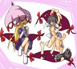  artist_request barefoot blonde_hair breasts feet gap gloves hat multiple_girls nipples nude open_clothes open_shirt panties panties_around_one_leg shameimaru_aya shirt skirt skirt_removed small_breasts socks tears tickle_torture tickling tokin_hat touhou underwear white_panties yakumo_yukari yuri 