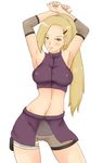  armpits arms_up bandages bare_shoulders bike_shorts blonde_hair blush breasts buttons covered_nipples crop_top earrings elbow_pads fishnets green_eyes hair_ornament hairclip half-skirt halterneck high_ponytail jewelry long_hair looking_at_viewer medium_breasts midriff naruto_(series) naruto_shippuuden ninja ponytail pouch rirakukan scrunchie simple_background skirt smile solo standing thigh_pouch turtleneck white_background yamanaka_ino 