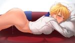  1girl arched_back artoria_pendragon_(fate) ass blonde_hair blue_ribbon blush bottomless braid breasts closed_mouth couch eyebrows_visible_through_hair fate/stay_night fate_(series) from_side green_eyes hair_ribbon highres lips looking_at_viewer looking_to_the_side lying on_couch on_stomach pillow pussy_juice ribbon saber shirt small_breasts solo tamamoice white_shirt 