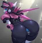  1girl anus ass bent_over black_skin blue_eyes blue_sclera censored colored_sclera colored_skin from_behind heart heart_censor humanoid_robot looking_at_viewer looking_back multicolored_skin pink_hair pinkle_(polynian) pochincoff pussy robot_neoanthropinae_polynian twintails white_skin 