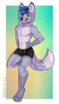  5_fingers anthro arctic arctic_fox biped blue_body blue_fur blue_hair blue_nose boxer_briefs boxers_(clothing) bulge canid canine clothed clothing danny_arctic fingers fox fur girly green_eyes grey_body grey_fur grey_hair hair hi_res inner_ear_fluff looking_at_viewer male mammal multicolored_body multicolored_ears multicolored_fur navel paws simple_background smile solo sparksreactor standing tuft underwear 