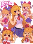  1girl absurdres blonde_hair blush_stickers bow bowtie brown_horns buttons collared_shirt cropped_legs dress_shirt fang fangs hair_bow highres horn_bow horn_ornament horn_ribbon horns ibuki_suika jiansketch long_hair meme multiple_views one_eye_closed pink_shirt pose purple_skirt red_bow red_eyes ribbon shirt skirt sleeveless teeth thumbs_up toon_(style) torn_clothes torn_sleeves touhou tsurime upper_teeth very_long_hair white_background yamin_(cookie) 