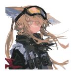 1girl alternate_hairstyle animal_ears arknights bangs blonde_hair closed_mouth fox_ears fox_girl goggles goggles_on_head green_eyes highres long_hair official_alternate_costume solo suzuran_(arknights) suzuran_(lostlands_flowering)_(arknights) xiao_chichi 