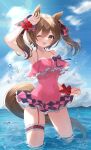  1girl absurdres animal_ears arm_up armpits bangs bare_shoulders blush bow breasts brown_hair casual_one-piece_swimsuit cloud collarbone commentary_request covered_navel day etesumsom frilled_swimsuit frills hair_bow highres horizon horse_ears horse_girl horse_tail leg_garter looking_at_viewer medium_breasts medium_hair mountain ocean one-piece_swimsuit one_eye_closed open_mouth outdoors pink_swimsuit shading_eyes smart_falcon_(umamusume) smile solo sunlight swimsuit tail teeth twintails umamusume upper_teeth wading water water_drop wrist_cuffs 