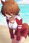  1girl agnes_tachyon_(umamusume) ahoge animal_ears beach blurry blurry_foreground breasts breath brown_hair cloud collared_shirt day earrings feet_out_of_frame gym_uniform hair_between_eyes hands_on_own_thighs heavy_breathing high_collar highres horizon horse_ears horse_girl horse_tail jacket jewelry leaning_forward long_sleeves looking_at_viewer medium_hair nu_tarou_(tr84635391) ocean outdoors red_eyes red_jacket red_shorts sand shirt shorts single_earring small_breasts solo sweat tail track_jacket umamusume water white_shirt 