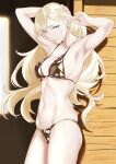  1girl ass bare_arms bare_legs bare_shoulders bikini blonde_hair blue_eyes closed_mouth collarbone cowboy_shot gold_bikini groin highres kantai_collection lips long_hair mole mole_under_eye mole_under_mouth navel richelieu_(kancolle) shingyou_(alexander-13) smile solo swimsuit 