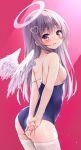  1girl angel angel_wings arms_behind_back ass blue_swimsuit blush breasts breasts_out feathered_wings from_behind grey_hair hair_ornament hairclip halo hatsuhi heart heart_hair_ornament highres long_hair looking_at_viewer looking_back one-piece_swimsuit open_mouth original own_hands_together pink_background red_eyes school_swimsuit sideboob simple_background small_breasts solo strap_slip swimsuit thighhighs thighs white_legwear white_wings wings 