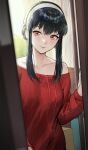  1girl bangs bare_shoulders black_hair closed_mouth duan_henglong earrings hairband highres jewelry opening_door red_eyes red_sweater short_hair_with_long_locks smile spy_x_family sweater white_hairband yor_briar 