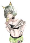  1girl :p absurdres animal_ears arknights bandeau bangs black_choker breasts cat_ears choker cleavage collarbone commentary_request cowboy_shot food goggles goggles_on_head green_eyes green_hair green_skirt hand_on_hip hand_up highres holding holding_food jewelry kal&#039;tsit_(arknights) looking_at_viewer midriff miniskirt navel necklace official_alternate_costume partial_commentary popsicle putcho short_hair simple_background skirt solo standing stomach strapless thigh_strap tongue tongue_out tube_top white_background 