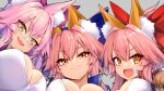  3girls animal_ear_fluff animal_ears bangs blue_bow blush bow breasts commentary commentary_request eyebrows_visible_through_hair fate/extra fate/grand_order fate_(series) fox_ears fox_girl glasses grey_background hair_bow koyanskaya_(fate) large_breasts long_hair looking_at_viewer multiple_girls open_mouth parted_lips pink_bow pink_hair red_bow simple_background smile tamamo_(fate) tamamo_cat_(fate) tamamo_no_mae_(fate/extra) upper_body wisespeak yellow_eyes 