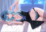  1girl absurdres arm_up armpits bangs bare_shoulders bed_sheet black_hairband black_panties blue_hair blush breasts cleavage closed_mouth eula_(genshin_impact) eyebrows_visible_through_hair genshin_impact hairband highres large_breasts lingerie long_hair looking_at_viewer lying navel negligee on_bed on_side panties pillow pirumu smile solo underwear underwear_only window window_shade yellow_eyes 