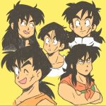  1boy bangs black_eyes black_hair black_shirt blush closed_mouth collarbone commentary constricted_pupils crossed_arms dragon_ball dragon_ball_(classic) dragon_ball_z english_commentary facial_hair flat_color hair_tie half-closed_eyes happy light_blush long_hair male_focus multiple_views one_eye_closed open_mouth orange_shirt parted_lips ponytail scar scar_across_eye scar_on_face shirt short_hair sidelocks simple_background sketch sleeveless sleeveless_shirt smile stellarspin stubble thick_eyebrows v-shaped_eyebrows white_shirt wide-eyed yamcha yellow_background 