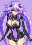  1girl absurdres artist_name bangs blue_eyes blush braid breasts cleavage cowboy_shot crimsle english_commentary eyebrows_visible_through_hair hair_between_eyes hair_ornament highres large_breasts leotard long_hair looking_at_viewer neptune_(series) power_symbol purple_hair purple_heart smile solo standing symbol-shaped_pupils twin_braids very_long_hair 