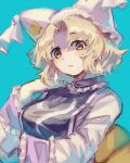  1girl :&lt; bangs blonde_hair blue_tabard commentary_request eyebrows_visible_through_hair frilled_shirt frills hat multiple_tails mushiao parted_bangs pillow_hat shirt short_hair sidelocks simple_background solo tail touhou upper_body white_headwear white_shirt yakumo_ran yellow_eyes 
