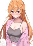  1girl absurdres bangs blush breasts camisole cleavage collarbone eyebrows_visible_through_hair hair_ornament hairclip highres konoe_kanata large_breasts long_hair long_sleeves looking_at_viewer love_live! off_shoulder open_clothes open_mouth open_shirt orange_hair pink_shirt purple_eyes shirt simple_background single_bare_shoulder solo teeth upper_teeth v_a_i_r very_long_hair wet wet_clothes white_background 