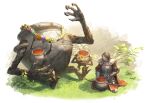  1boy 4others armor black_hair cape copehamu crack diallos_(elden_ring) elden_ring facial_hair flower flower_wreath full_body gauntlets grass hand_up kneeling living_jar_(elden_ring) multiple_others outdoors pauldrons red_cape short_hair shoulder_armor sitting sunflower t-pose wreath 