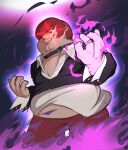  1boy absurdres cosplay family_guy fire glowing glowing_eyes grin highres jewelry kowai_(iamkowai) one_eye_covered peter_griffin purple_fire pyrokinesis red_eyes red_hair ring smile the_king_of_fighters yagami_iori yagami_iori_(cosplay) 