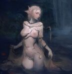  1girl blonde_hair breasts brown_dress cowboy_shot dark_souls_(series) dress dusk_of_oolacille female_pubic_hair gloves hair_ornament highres large_breasts long_dress long_hair nat_the_lich navel nipples one_eye_closed parted_lips pointy_ears pubic_hair river skirt_hold solo standing tentacles tentacles_under_clothes wading water waterfall white_gloves 