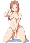  1girl bikini blush breasts breasts_apart cleavage closed_mouth collarbone delta_gear full_body long_hair looking_at_viewer medium_breasts minna-dietlinde_wilcke navel red_eyes red_hair shiny shiny_hair shiny_skin side-tie_bikini simple_background smile solo strike_witches swimsuit white_background white_bikini world_witches_series 
