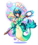  2021 5_fingers breasts bubble english_text female fingers hair hi_res holding_object ioh league_of_legends marine merfolk multicolored_hair nami_(lol) open_mouth orange_eyes riot_games solo split_form text video_games 