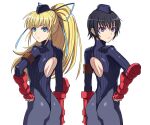  2girls ass black_hair black_headwear black_leotard blonde_hair blue_eyes commentary_request corruption cosplay cowboy_shot dark_persona fingerless_gloves from_behind garrison_cap gloves grey_legwear hai_(h81908190) hair_ribbon hand_on_hip hat highleg highleg_leotard leotard lilith_aileron long_hair looking_at_viewer multiple_girls pantyhose pink_headwear ponytail purple_eyes red_gloves ribbed_leotard ribbon rutee_katrea shadaloo_dolls short_hair simple_background street_fighter street_fighter_zero_(series) tales_of_(series) tales_of_destiny thong_leotard very_short_hair white_background 