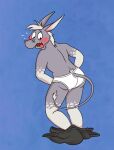  anthro asinus blonde_hair blue_background blush bottomwear bottomwear_down briefs butt clothed clothing donk_(donkdork) donkey embarrassed equid equine fur grey_body grey_fur hair hi_res male mammal pants pants_down partially_clothed simple_background smallfryspy solo spots tag tan_body tan_fur teeth_showing tongue_showing underwear white_briefs white_clothing white_underwear 