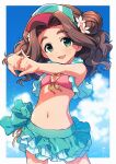  1girl :d asada_hachi banned_artist baseball_cap bikini bikini_skirt blue_sky blush border bow bowtie brown_hair cloud commentary day flat_chest flower frilled_bikini frills front-tie_bikini front-tie_top green_eyes green_headwear hair_flower hair_ornament happy hat highres idolmaster idolmaster_cinderella_girls interlocked_fingers kusakabe_wakaba long_hair looking_at_viewer mismatched_bikini navel open_mouth outdoors outside_border own_hands_clasped own_hands_together pink_bikini sky smile solo standing stomach stretch swimsuit twitter_username watermark white_border yellow_bow yellow_bowtie 