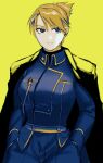  1girl bangs black_cape blue_eyes blue_jacket blue_pants cape closed_mouth commentary earrings folded_ponytail fullmetal_alchemist hands_in_pockets highres jacket jewelry long_sleeves looking_to_the_side military military_uniform ozaki_(tsukiko3) pants riza_hawkeye smile solo uniform yellow_background 